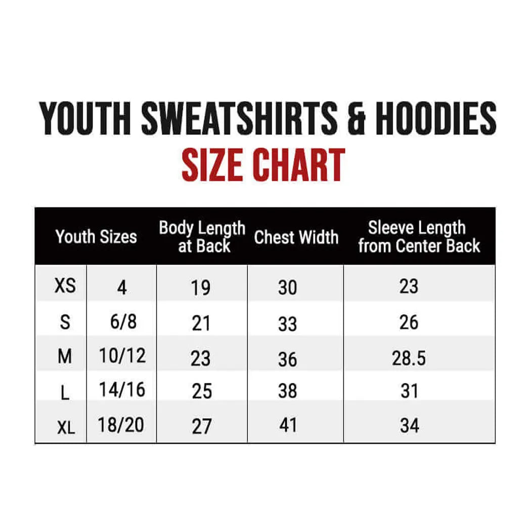 Size chart for youth sweatshirts and hoodies with measurements in inches.