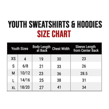 Size chart for youth sweatshirts and hoodies with measurements in inches.